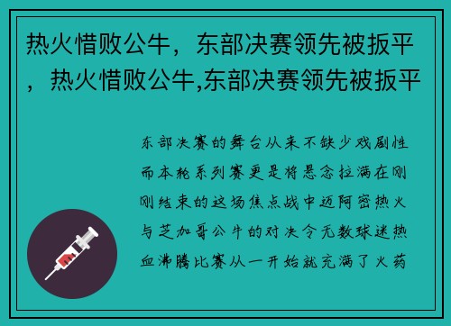 热火惜败公牛，东部决赛领先被扳平，热火惜败公牛,东部决赛领先被扳平了吗