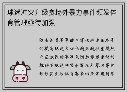 球迷冲突升级赛场外暴力事件频发体育管理亟待加强