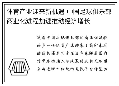 体育产业迎来新机遇 中国足球俱乐部商业化进程加速推动经济增长