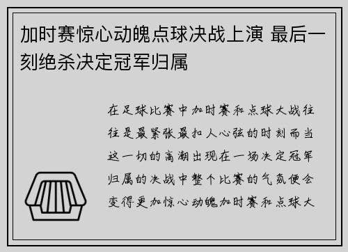 加时赛惊心动魄点球决战上演 最后一刻绝杀决定冠军归属
