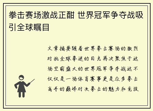 拳击赛场激战正酣 世界冠军争夺战吸引全球瞩目