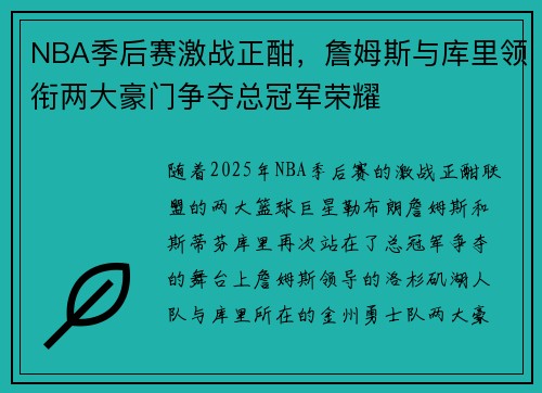 NBA季后赛激战正酣，詹姆斯与库里领衔两大豪门争夺总冠军荣耀