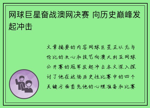 网球巨星奋战澳网决赛 向历史巅峰发起冲击