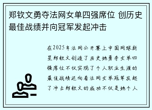 郑钦文勇夺法网女单四强席位 创历史最佳战绩并向冠军发起冲击