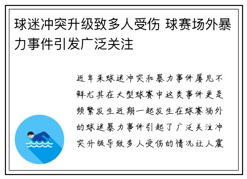 球迷冲突升级致多人受伤 球赛场外暴力事件引发广泛关注